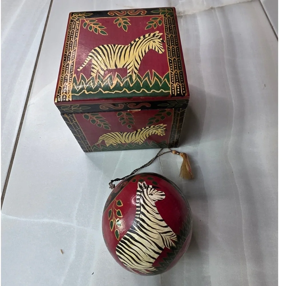 Hand Painted Zebra Wooden Trinket Box and Matching Egg‎ Ornament Set Folk Art S3